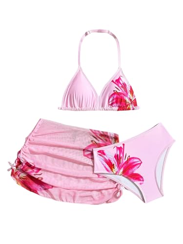 Milumia Girl's 3 Piece Swimsuit Floral Print Halter Bikini Set with Mesh Beach Skirts