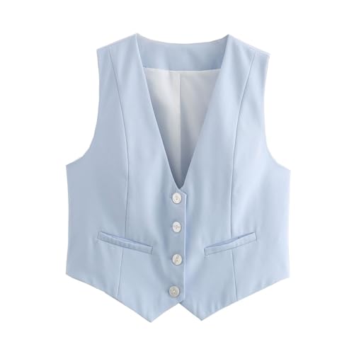 Gilet da donna con scollo a V e bottoni, moda estiva, elegante, chic, senza maniche, monopetto, gilet casual femminile, top marrone chiaro, giacca autunnale per le donne, Azzurro, L