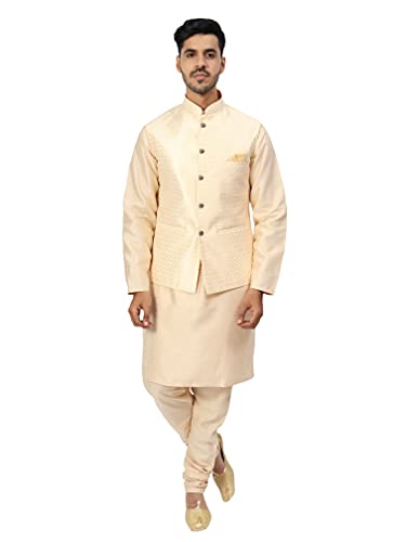 Image of Uri and MacKenzie Men's Silk Blend Regular Kurta Churidar Pyjama with Bundi Nehru Jacket /Waistcoat
