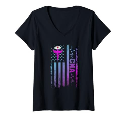 Womens CNA Job Certified Nursing Assistant USA Flag V-Neck T-Shirt