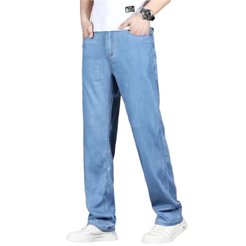 Men's Summer Thin Lyocell Jeans Drape Loose Business Straight Elastic Denim Pants Trousers