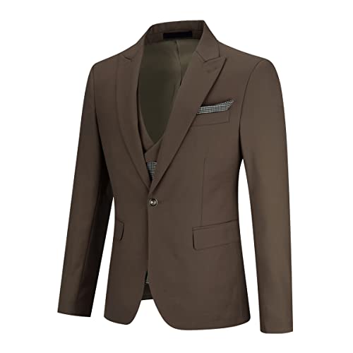 Mens Luxury 3 Piece Suit 1 Button Slim Dinner Party Jacket Plaid Vest Pants Set Dark Brown #TOP1