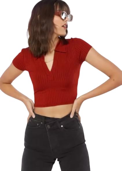redamancii Womens Polo Neck Short Sleeves Crop Top-picture-53