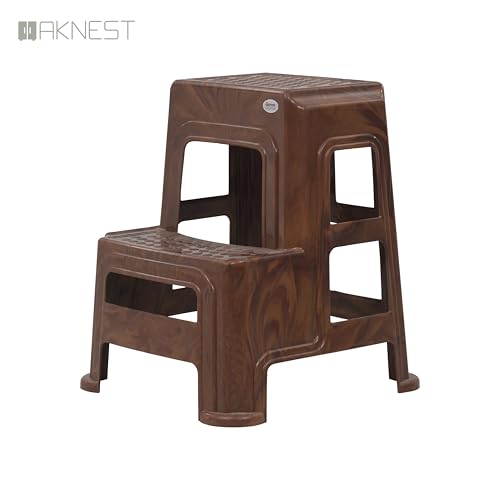 Image of Oaknest Supreme Multipurpose Plastic 2-Step Stool for Kids & Adults - Anti-Slip Lightweight Stepping Stool for Kitchen, Bathroom & Home - Teakwood, 2 Piece