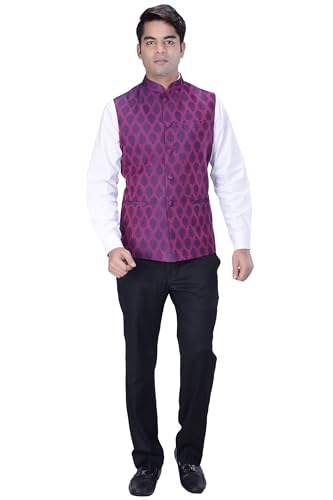 Image of KISAH Men's Nehru Jacket, Magenta Silk Blend, Jacquard Regular Fit Mandarin Collar Long Sleeves (38)