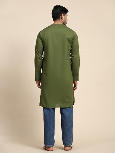 Image of Amazon Brand - Anarva Men's Cotton Solid Round Neck Kurta Long Sleeves Straight Knee Length Casual Shirt