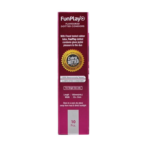 Image of FunPlay Bubblegum Flavoured Dotted Condoms - 10 Pcs | Extra Dotted for Enhanced Pleasure | Premium Latex Condoms for Men | Long Lasting Smooth Lubrication | Flavoured & Safe Protection