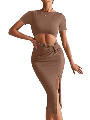 Image of Rooscier Women's Twist Cutout Waist Split Crewneck Short Sleeve Bodycon Midi Dress
