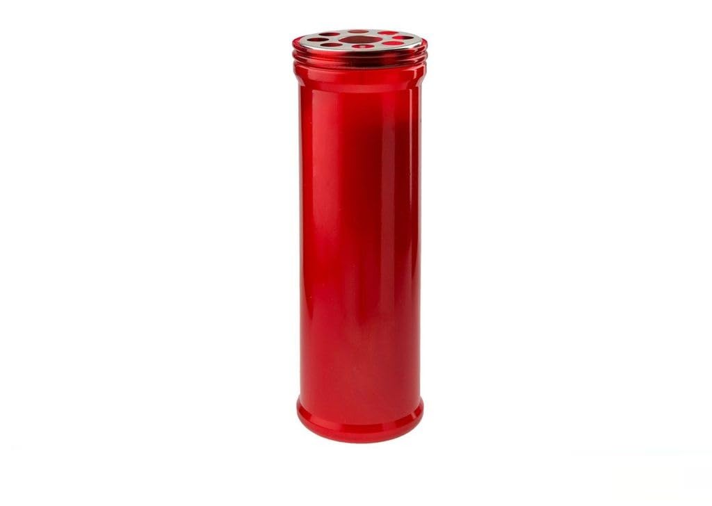 DRW Pack of 24 Red Holy Candles with Metal Lids 18.5cm Liturgical Votive Varnish Cemetery and Churches