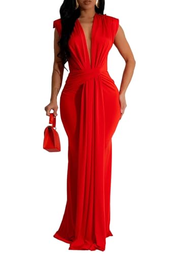 Vestido Largo sin Mangas con Cuello en V Profundo y Sexy para Mujer Vestido Largo Ajustado con Pliegues hasta el Suelo para Fiesta de Noche Formal (Rojo,s)