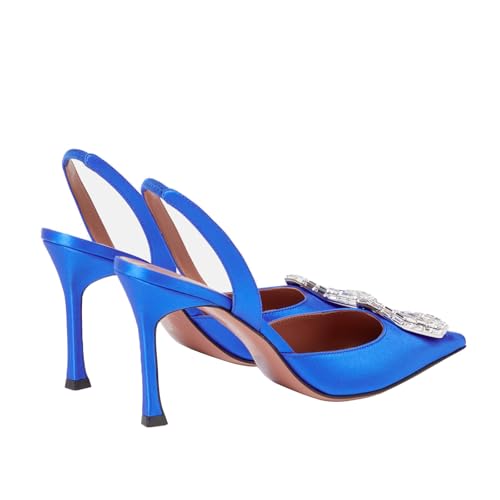Vertundy Women's Blue Slingback Heels Rhinestone Pumps Pointed Toe Satin Crystal Stiletto High Heeled Sandals Party Wedding Bride Pump Dress Shoes3