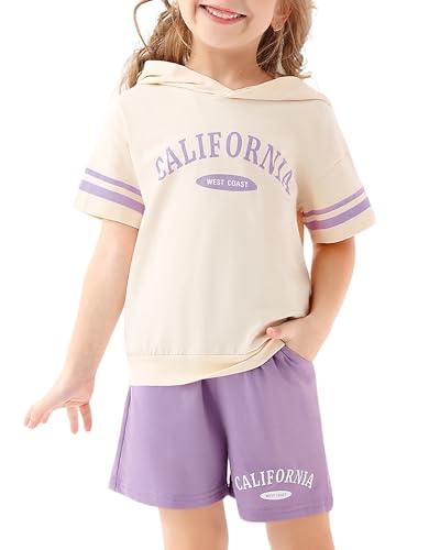Image of WESIDOM Toddler Girl Clothes Letter Print Drop Shoulder Hoodie Sweatsuits and Short Set 2 Piece Outfit Little Girls Tracksuit