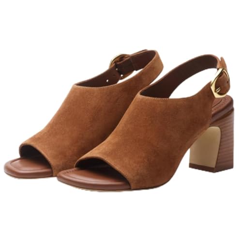 SHODENSE Women Open Toe Sandal Booties Chunky Heeled Sandals Slingback Suede 3 inch Block High Heel Summer Booties Buckle Strap Sandal Heels Peep Toe Retro Party 4-11 M US