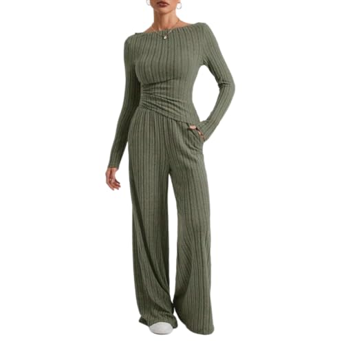 Ensemble pantalon large femme et haut col bateau en tricot côtelé pour un confort total