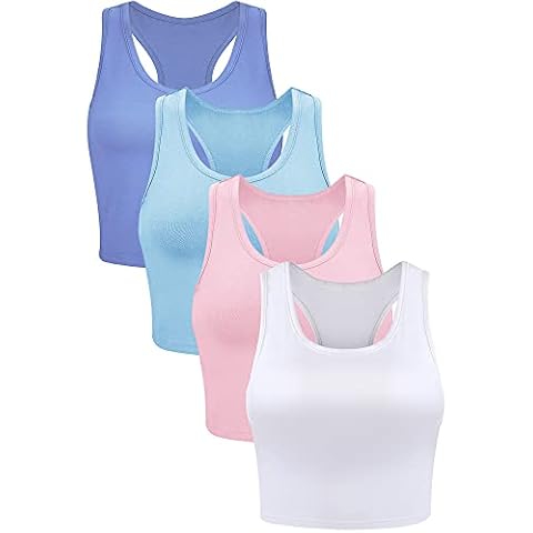Geyoga 4 Pieces Basic Workout Crop Tank Tops Sleeveless Racerback Sport Tank Top for Women Yoga Running (Light Blue, Pink, Blue, White, Medium) Cover
