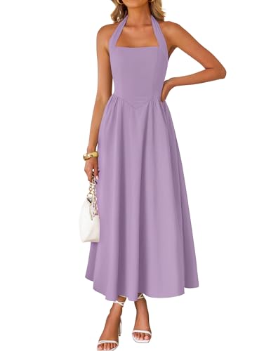 Image of ZESICA Women's Summer Sleeveless Halter Midi Dress 2026 Off Shoulder High Waist Flowy Formal Wedding Guest Long Dresses