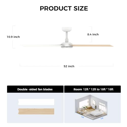 Image of TALOYA 52 inch Ceiling Fan,White Finish,6-Speed,Dimmable,Noiseless,Reversible DC Motor,3 blades