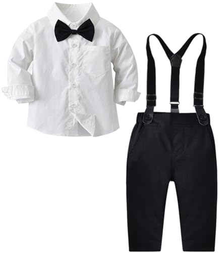 SANGTREE Baby Boys Clothes, Long Sleeves Dress Shirt with Bow Tie and Black Suspender Pants Set Gentleman Tuxedo Outfit White Black, 2-3 Years = Tag 110