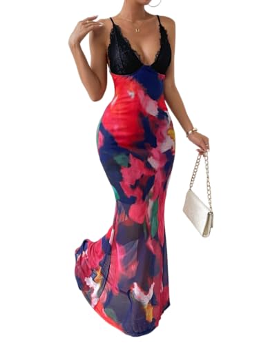 WDIRARA Women's Tie Dye Print V Neck Mesh Lace Tie Back Long Maxi Dress  Backless Bodycon Cami Dresses Multicolor X-Large at Amazon Women's Clothing  store