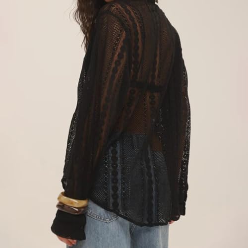 Women's Lace Long Sleeve Top Dressy Casual Embroidery Y2K Hollow Out Sheer Mesh Button Up Shirt Blouse