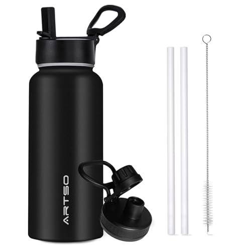 ARTSO 32 oz Insulated Water Bottle Stainless Steel Double Walled Vacuum Leak Proof Hot Cold Sports Water Bottle with 2 Lids (Straw and Spout Lid) for Gym Camping Hiking Travel, Cool Black