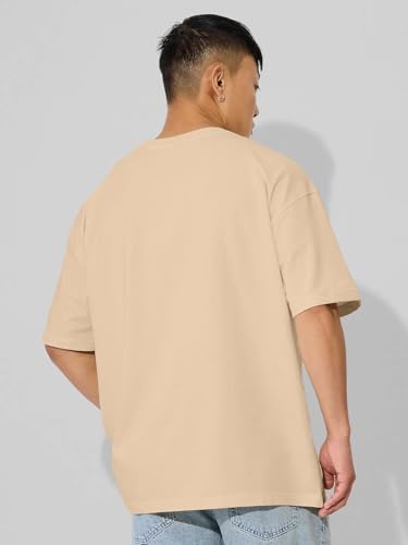 Image of LEOTUDE Half Sleeve Oversized Cottonblend Round Neck Drop Shoulder Printed Men's T-Shirt (Color Beige)