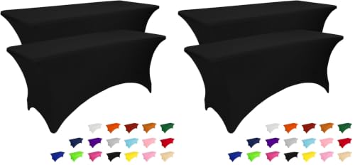 Image of IVAPUPU 4 Pack 8FT Table Cloth for Rectangular Fitted Events Stretch Black Table Covers Washable Spandex Tablecloth Protector for Party, Wedding, Cocktail, Banquet, Festival