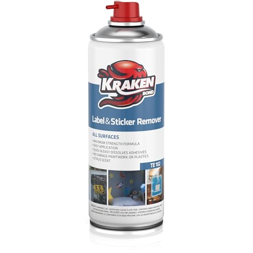 Image of KRAKEN BOND Label & Sticker Remover Spray - (12x5oz) Quick-Dissolve Adhesive Remover Spray with Citrus Scent, Removes Tar, Tape & Bumper Stickers on Multiple Surfaces, No Damage to Paint, 12 Pack
