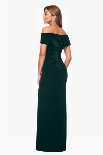 Image of Xscape Women's Long Velvet Off-The-Shoulder Sweetheart Neckline Dress with Leg Slit and Center Back Zipper, Hunter, 12