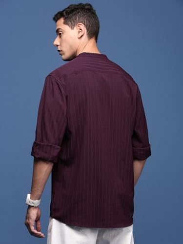 Image of SHOWOFFFF Men Solid Casual Shirt | Mandarin Collar Full Sleeves Cotton Shirt for Mens | Slim Fit Regular Length Shirt for Men's
