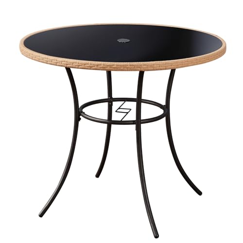ECOTOUGE Outdoor Round Patio Desk, Wicker Dining Table with Umbrella Hole, Tempered Glass Top for 4-5 Persons, Bistro Rattan Furniture Garden Tables for Balcony, Backyard, Black