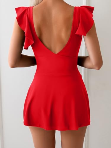 One Piece Swimdress Tummy Control Ruffle Swimsuit for Women Tie Knot Swim Dresses V Neck Bathing Suit Skirt Red4