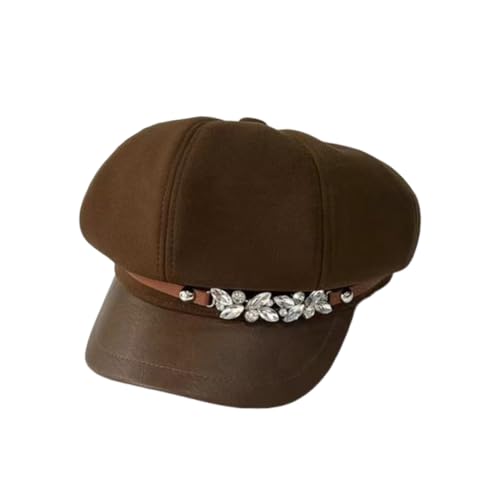 Women Newsboy Cap French Fashion Bling Rhinestone PU Leather Cabbie Beret Cap Painter Hats Coffee