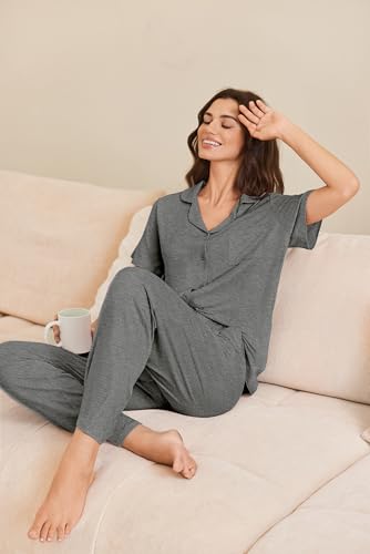 Image of Ekouaer Pajamas for Women Set Button Up Short Sleeve Pjs Sets With Pockets | Soft Womens Sleepwear,V Neck,Notch Collar,2 Piece Classic Loungewear With Long Pant for Sleep,Lounge,Fall