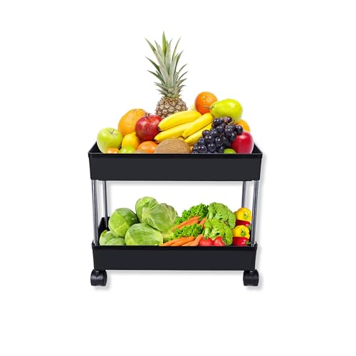 Image of AEXONIZ TOYS Plastic Kitchen Storage Trolley Rack with Wheels, Slide Out Rolling Utility Cart Storage Shelves, Space Saving Home Storage Organizer Racks (Black, 2 Layer)