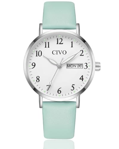 CIVO Reloj Mujer Fácil de Leer: Esfera Clara con Números Agujas Luminosas Fecha y Día   Analógico Reloj de Pulsera con Correa de Cuero Verde para Uso Diario Informal Regalo