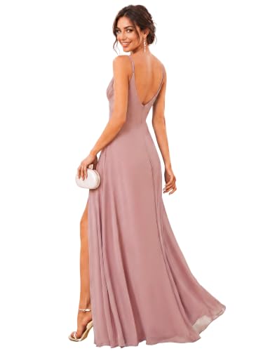 Image of Ever-Pretty Women's Summer Backless Spaghetti Straps Bridesmaid Dresses Chiffon V-Neck Slit Long Formal Wedding Guest Dress