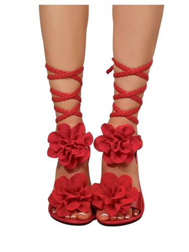 GORGLITTER Women's 3d Flower Lace Up Sandals Floral Braided Open Toe Strappy Tie Up Beach Slide Shoes 20252