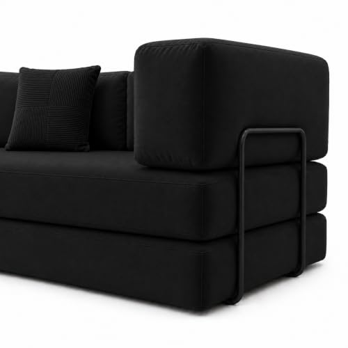 Image of 3 Seater Sofa Cum Bed with Soft Foam & Premium Velvet Fabric | Foldable Convertible Sofa Bed | Sturdy Metal Frame | Comfortable Cushions | Pre-Assembled | Black