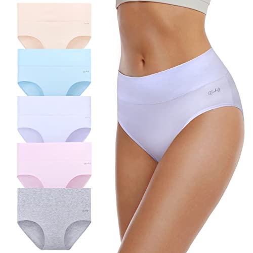 coskefy Women's High Waisted Cotton Underwear Soft Breathable Panties Stretch Briefs Ladies Panties 5 Pack