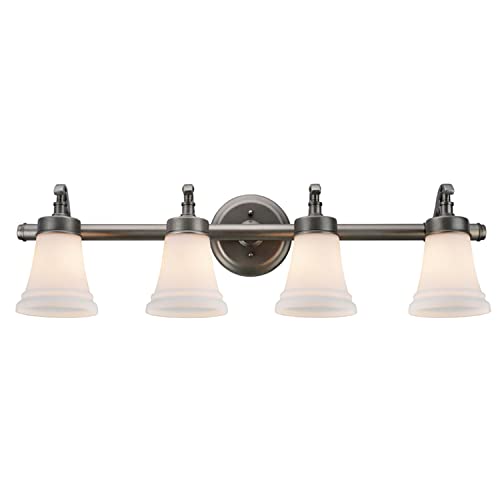 Image of Aspen Creative 62067, Three-Light Metal Bathroom Vanity Wall Light Fixture, 30 1 /2 inch Wide, Transitional Design in Rustic Pewter with White Opal Glass Shade