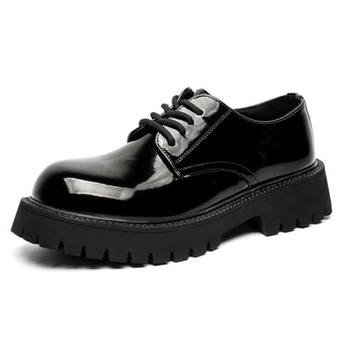 Mens Patent Leather Lace-Up Platform Dress Oxfords Shoes Casual Round Toe Non Slip Derby Shoes for Formal Business Wedding
