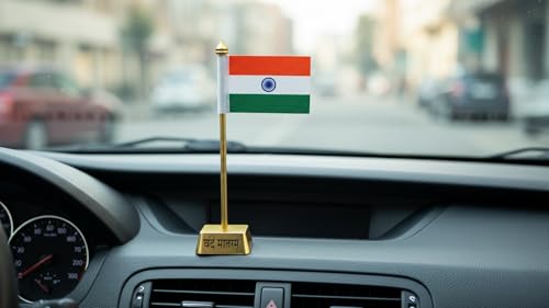 Image of ZAHEPA Flag for Car Dashboard, Khadi Fabric decorative Flag with Gold Plated Square Metal Base, Office Desk Accessory, Tabletop Decoration for Home, Office & Corporate Use, Gift for Professionals