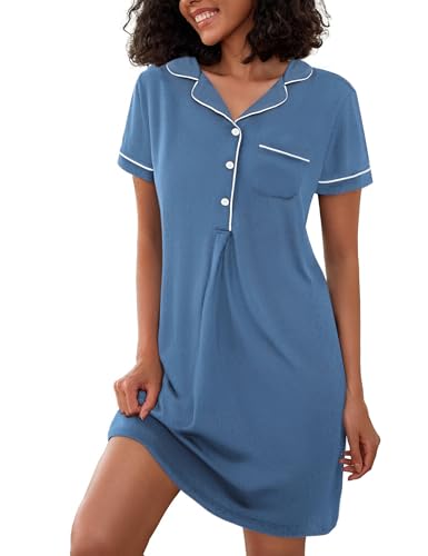 Jahetuul Camisón de Algodón Mujer Manga Corta Verano Pijama con Abertura de Botones y Cuello V Ropa de Dormir con Bolsillo Cómoda y Casual