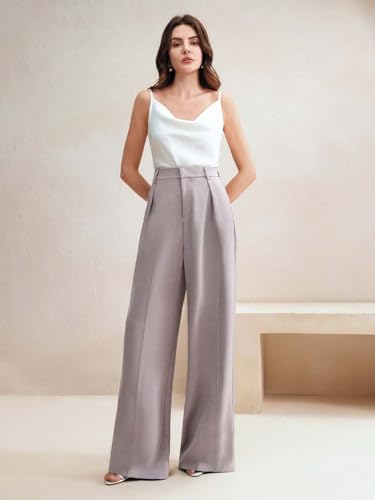 Image of KOTTY Women's High Waist Wide Leg Trousers | Solid Relaxed Fit Pants for Office, Casual Soft Flowing Polyester Blend Pants for Women