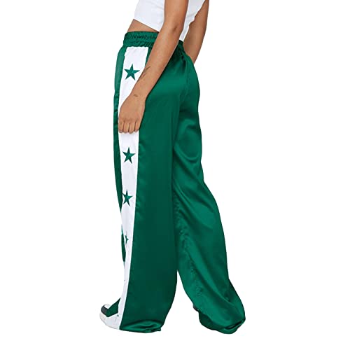 Women's Drawstring Pants High Waist Star Print Wide Leg Trousers Baggy Split Hem BottomLong Pants4