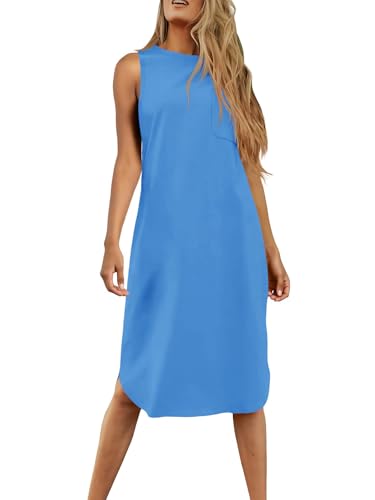 Image of Dyexces Summer Dress for Women Crew Neck Short Sleeve Solid Basic T-Shirts Casual Midi Dresses with Pocket