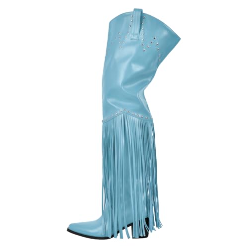 Image of richealnini Western Thigh High Cowboy Boots with Fringe Over Knee Wide Calf Cowgirl Boots