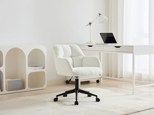 Image of Finch Fox Battle Modern 360 Swivel Mid-Back Armrest Boucle Fabric Study Upholstered Black Metal Powder Coated Base Study Computer Office Desk Chair in White Color