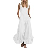 Womens Cotton Linen Ruffle Hem Square Neck Jumpsuits Casual Boho Wide Leg Rompers Sleeveless Overalls with Pockets boho jumpsuit for women White M